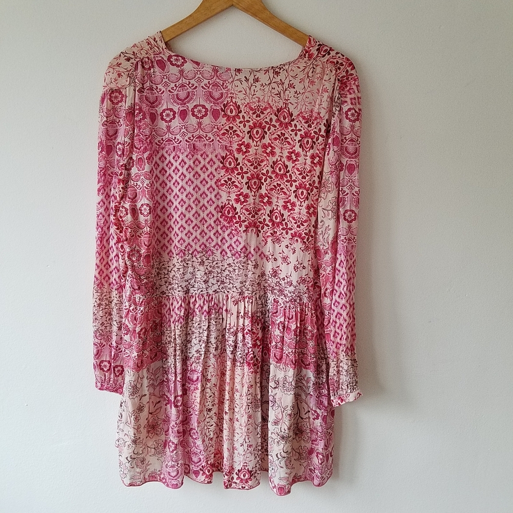 Zara Pink Floral V- Neck Tassel Boho Oversize Tunic Mini Dress Size Medium - Picture 4 of 13